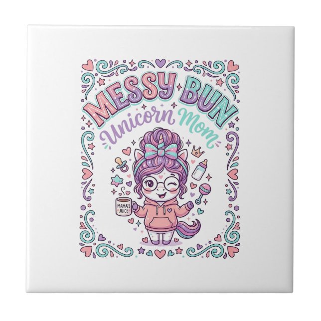 Carreau Licorne Chignon Messy Maman Licorne Graphique Rétr (Devant)