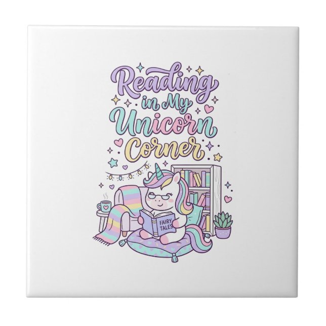 Carreau Licorne lisant dans mon coin licorne T-shirt paste (Devant)