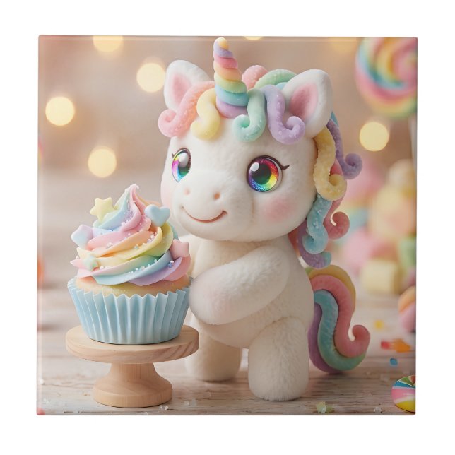 Carreau Licorne pastel avec Cupcake arc-en-ciel (Devant)