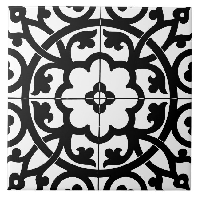 Carreau Ligne de fleurs classique, floral noir et blanc (Devant)