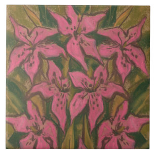 Carreau Liliers roses, peinture pastel, fleurs, art floral