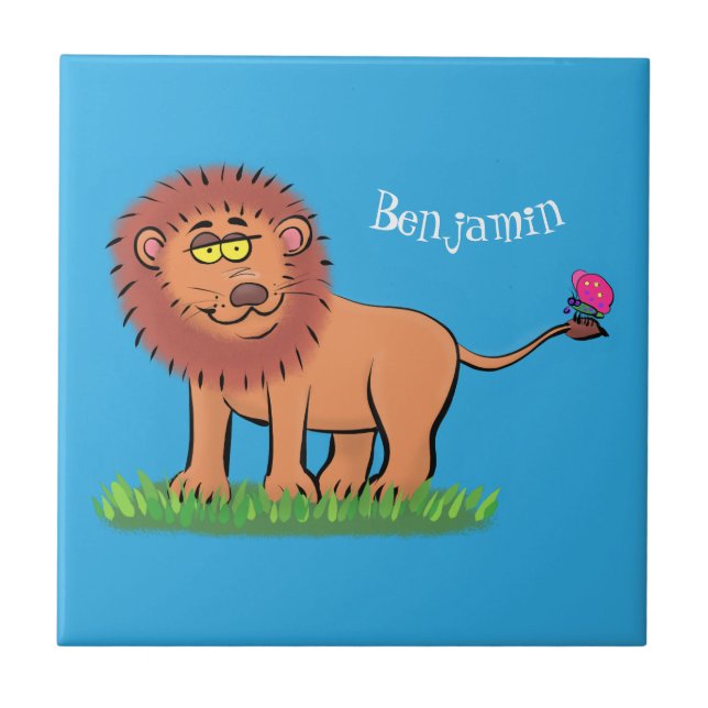 Carreau Lion joyeux avec dessin animé de papillon (Devant)