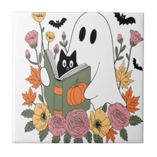 Carreau Livre de lecture de fantôme d'Halloween Chat