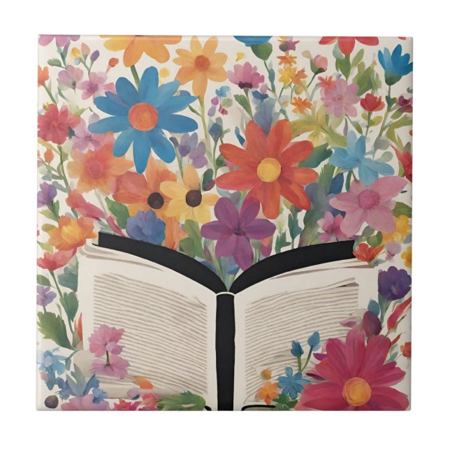 Carreau Livre ouvert avec Fleurs aquarelles (Devant)