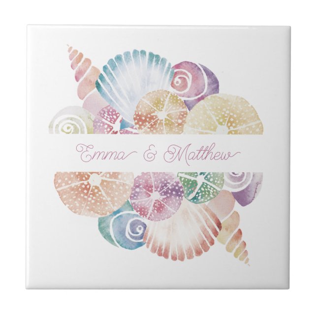 Carreau Logo de mariage Monogram Marine Aquarelle Coquilla (Devant)