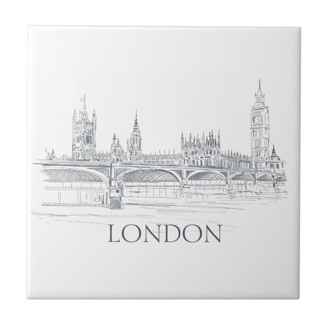 Carreau London Bridge Big Ben et Skyline Ink Drawing (Devant)