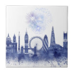 Carreau Londres Skyline - Aquarelle bleue<br><div class="desc">London Skyline Watercolor Splash Blue par Fab Funky. Il présente des sites célèbres de Londres dans un style aquarelle.</div>