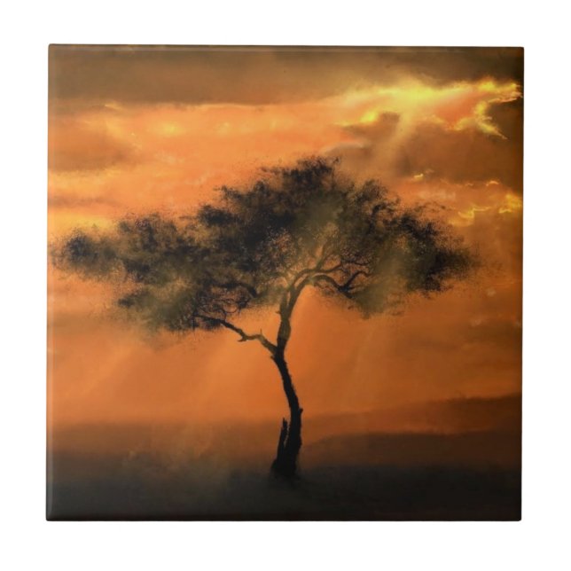 Carreau Lonely Tree Sunbeams Ceramic Tile Painting (Devant)