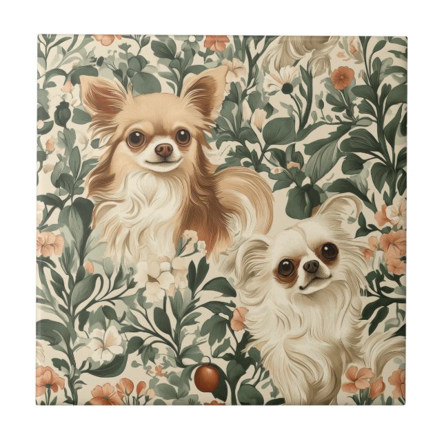 Carreau Long Haired Chihuahuas William Morris style floral (Devant)