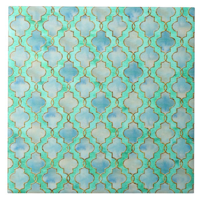 Carreau L'or aqua et le motif marocain vert (Devant)