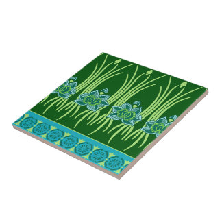 CARREAU LOTUS, ART NOUVEAU FLORAL : SCÈNE DE VERT BLEU