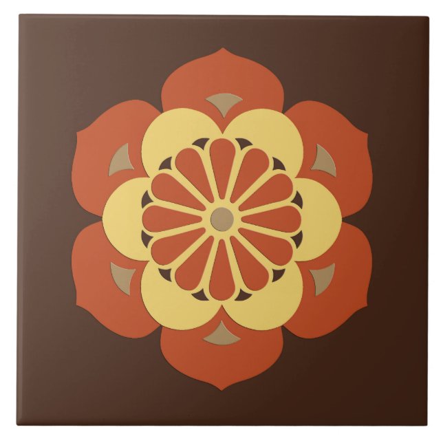 Carreau Lotus Flower Mandala, Brown, rouille et jaune (Devant)