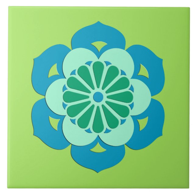 Carreau Lotus Flower Mandala, Lime Green et Bleu clair (Devant)