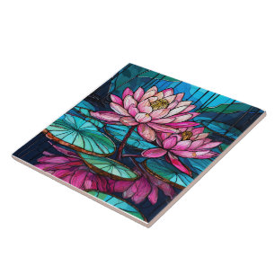 Carreau lotus rose tropical 1 vitrail
