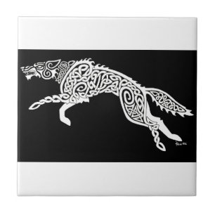 Carreau Loup de Knotwork, blanc sur le noir