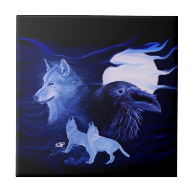 Carreau Loup et corbeau avec pleine lune (Devant)