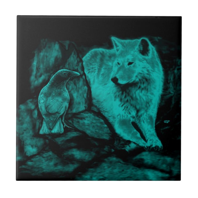 Carreau Loup et corbeau dans la nuit (Devant)