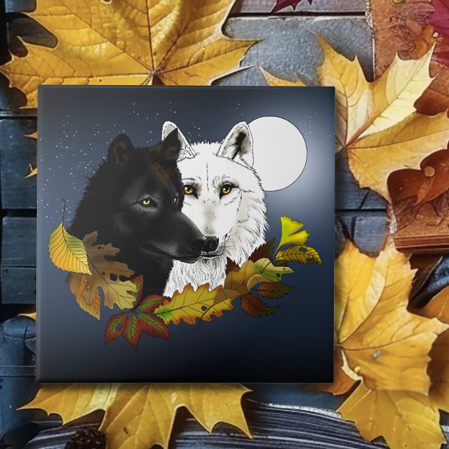 Carreau Loups Blancs Noirs Clair de Lune Feuilles d'Automn (Créateur téléchargé)