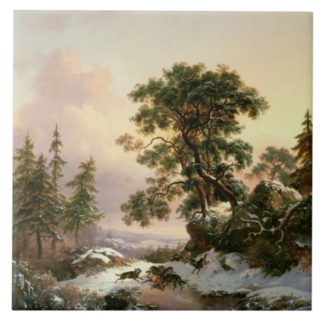 Carreau Loups dans un paysage d'hiver (huile sur le (Devant)