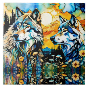 Carreau Loups gris et Fleurs sauvages