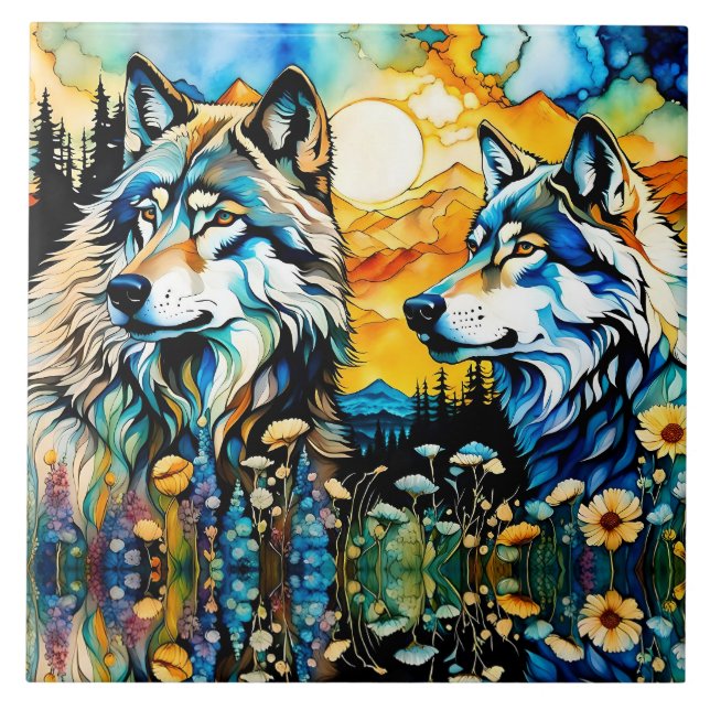 Carreau Loups gris et Fleurs sauvages (Devant)