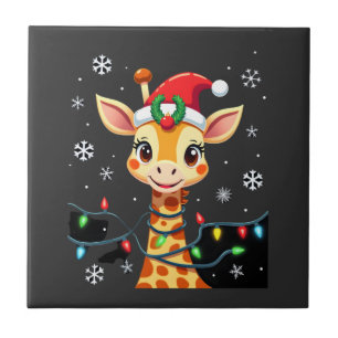 Carreau Lumières de Noël de girafe mignonne Chapeau de Pèr