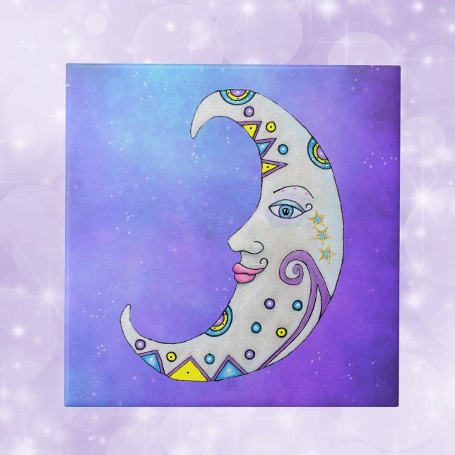 Carreau Lune aux couleurs vives Joli Visage Étoiles Ciel v (Fantasy decorated white crescent moon with face and colourful accents on purple ceramic tile.)