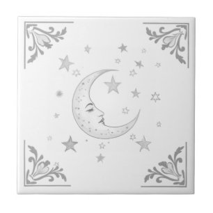 Carreau Lune céleste avec face et étoiles argent et blanc