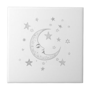 Carreau Lune céleste avec face et étoiles argent et blanc