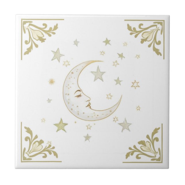 Carreau Lune céleste avec visage et étoiles Delft or blanc (Devant)