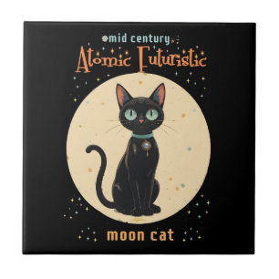 Carreau Lune de chat noir atomique futuriste avec texte