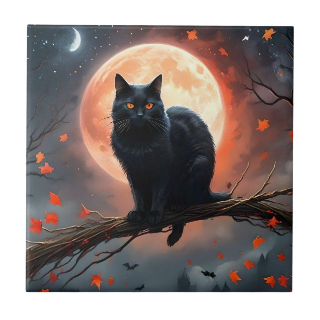 Carreau Lune de chat noir d'Halloween effrayant, (Devant)