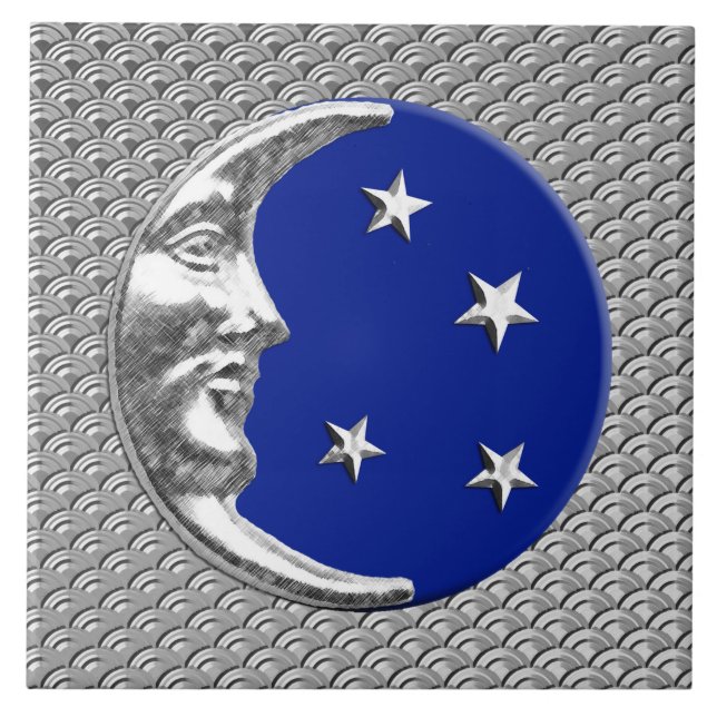 Carreau Lune et étoiles d'art déco - bleu et argent de (Devant)