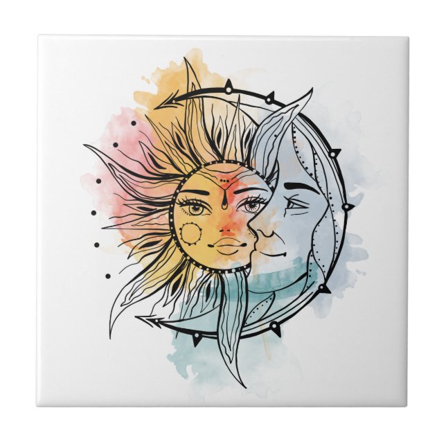 Carreau Lune et soleil. Illustration de tatouage de style  (Devant)