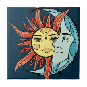 Carreau Lune et soleil. Illustration de tatouage de style 