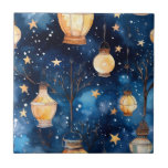 Carreau Lune orange ciel bleu nuit<br><div class="desc">Un ciel bleu marine comme arrière - plan,  décoré d'arbres,  lampes jaunes et oranges,  lanternes.</div>