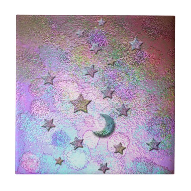 Carreau Lunes et étoiles métalliques mystiques pastel (Devant)