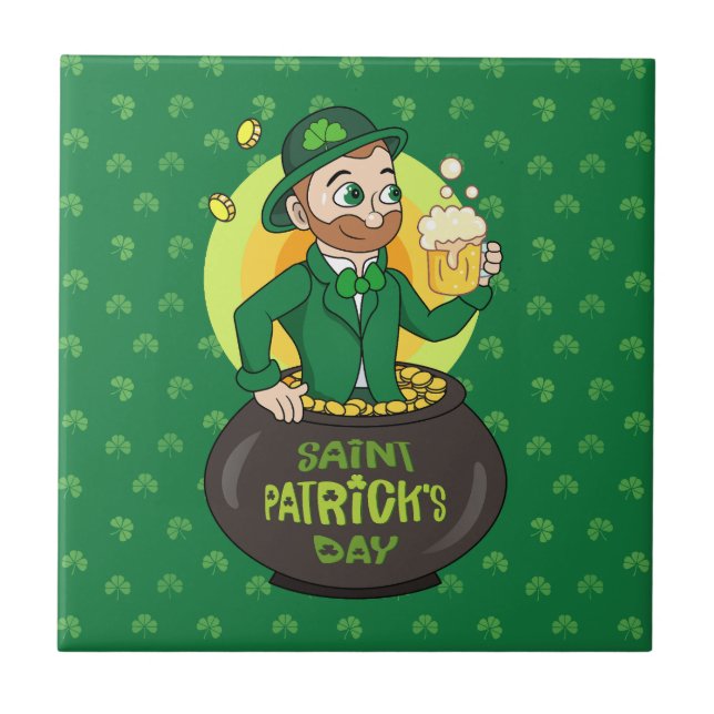 Carreau Lutin de dessin animé dans un pot d'or tenant un v (Devant)