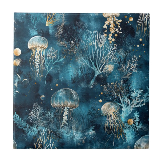 Carreau Lux Ocean Jellyfish & Coral Gold Pattern (2) (Devant)