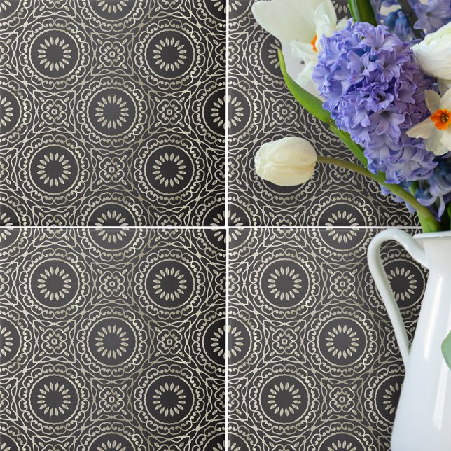 Carreau Luxe Élégant Chic Faux Or Et Noir Arabesque (Créateur téléchargé)