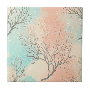 Carreau Luxe Papier Aquarelle Vagues de l'Océan et Corail 