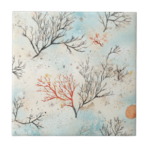 Carreau Luxe Papier Peint Aquarelle Corail et Vagues Océan