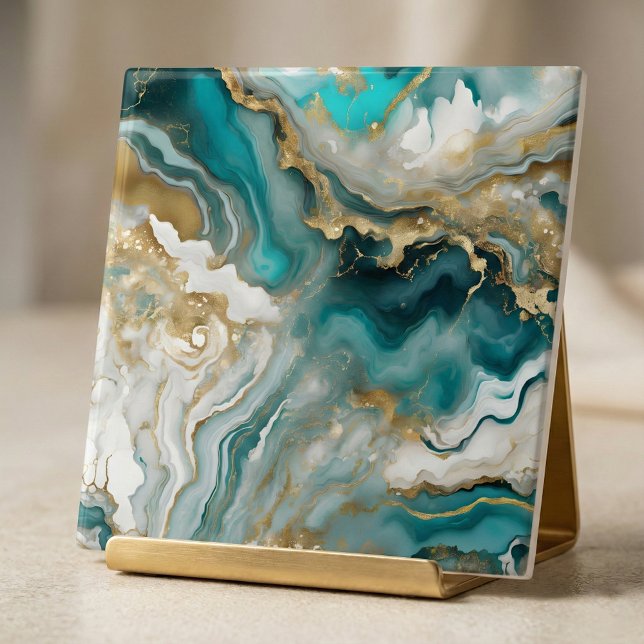 Carreau Luxe Teal Turquoise & Gold Agate Marble Fluid Art (Créateur téléchargé)