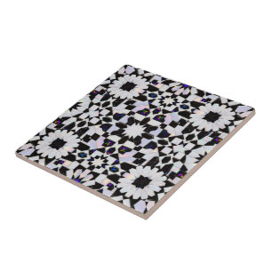 Carreau Luxueux Opale Noir et Blanc Étoile Zellij Marocain