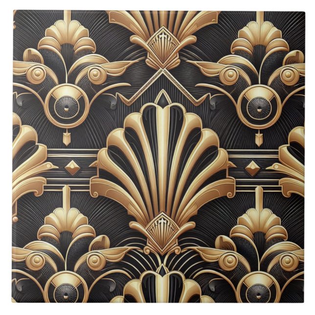 Carreau Luxury Black & Gold Art Deco Ceramic Tile  (Devant)
