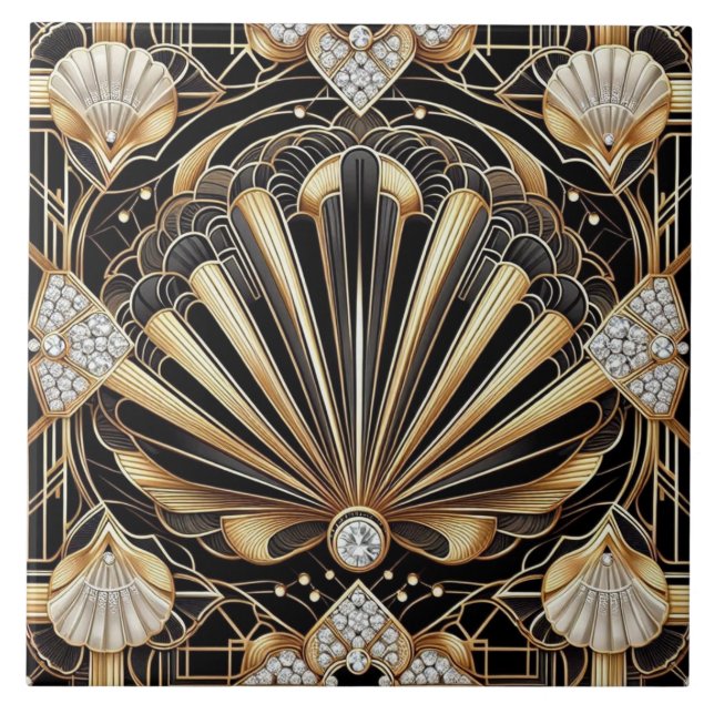 Carreau Luxury Black & Gold Art Deco Ceramic Tile  (Devant)