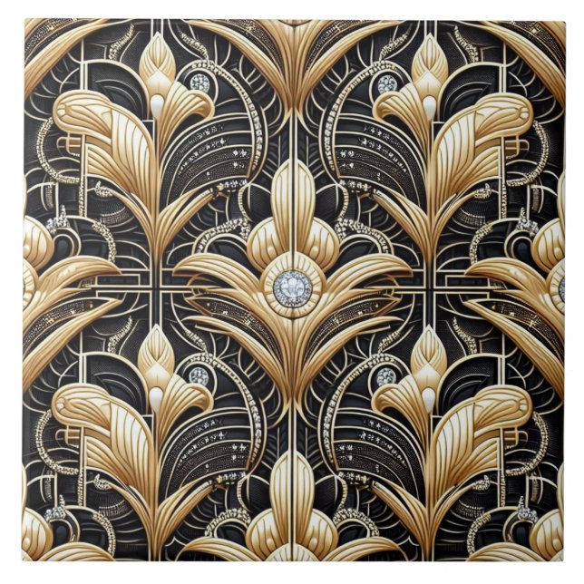 Carreau Luxury Black & Gold Art Deco Ceramic Tile  (Devant)