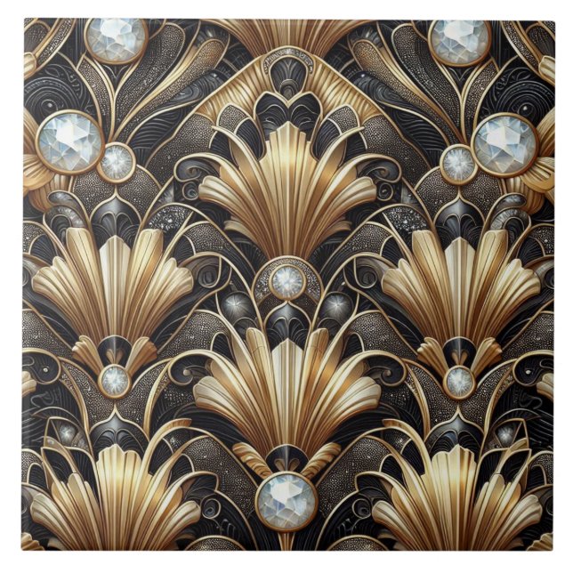Carreau Luxury Black & Gold Art Deco Ceramic Tile  (Devant)