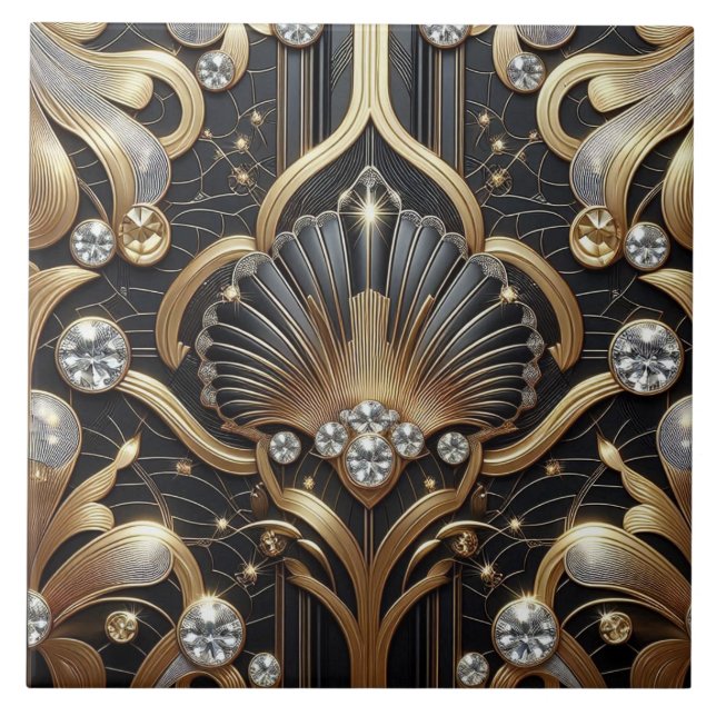 Carreau Luxury Black & Gold Art Deco Ceramic Tile  (Devant)