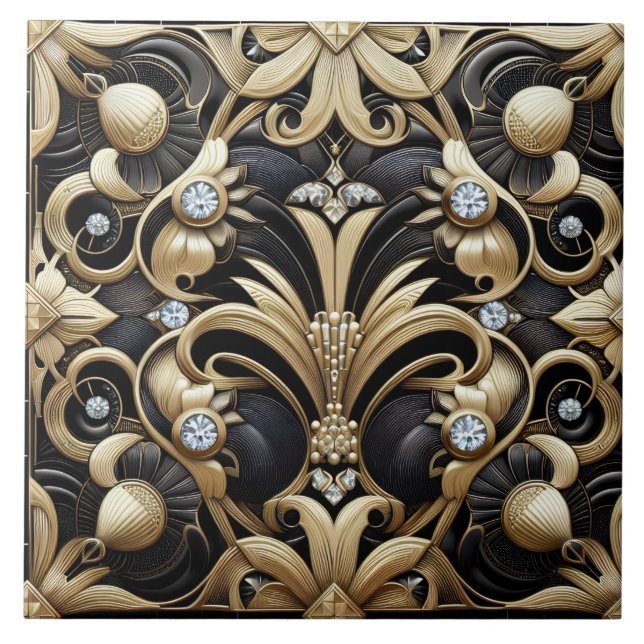 Carreau Luxury Black & Gold Art Deco Ceramic Tile  (Devant)